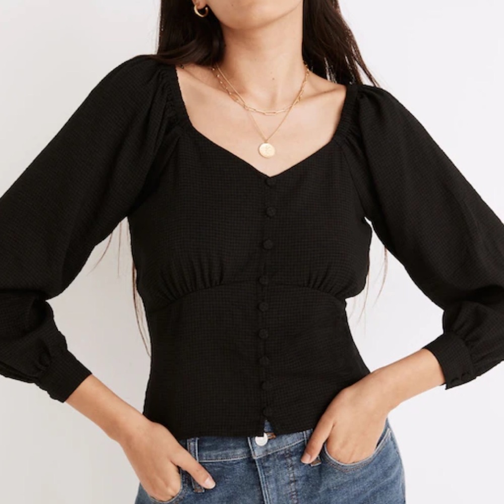 NWT Madewell Preston Puff-Sleeve Button Up Corset Top Black